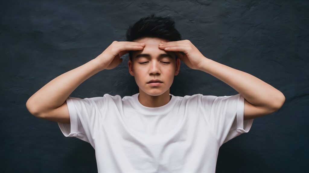 A front view young male in white t shirt rubbing his forehead
