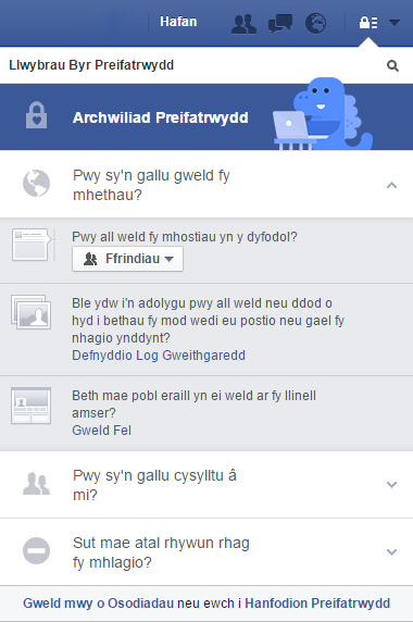 Llwybrau Byr Preifatrwydd - cyfarwyddiadau ar Facebook