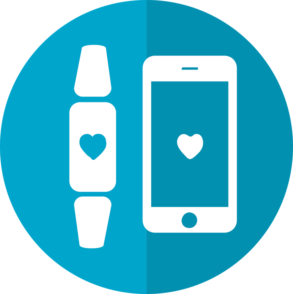 Blue and white Illustration representing a fitness tracker and mobile phone, both with a heart on the screen