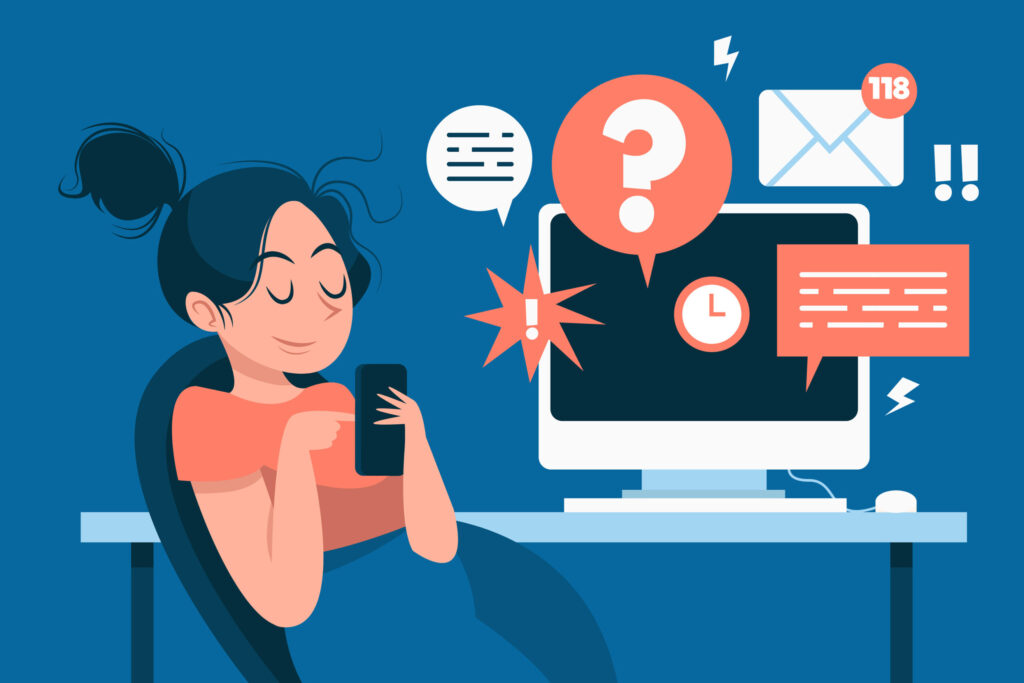 Young girl sat procrastinating on phone with her computer beside her pinging alerts