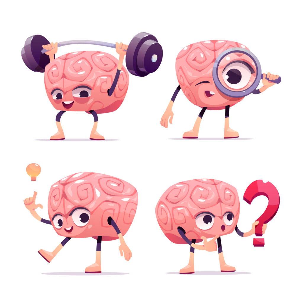 Brain characters, cute cartoon mascot with funny face exercising with barbell, look in loupe, have great idea, hold question mark. Happy, smiling emotions. Vector illustration, isolated icons set