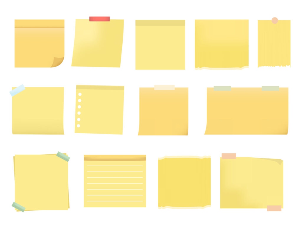 Sticky notes big set collection. Realistic yellow post it notes isolated in white background.
