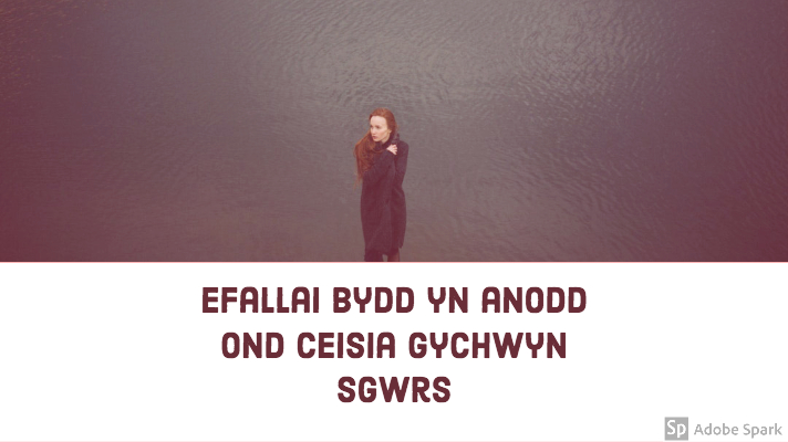 Menyw â gwallt coch, yn dal ei chôt wrth ei gwddf i gadw'n gynnes, yn sefyll ar ei phen ei hun wrth ymyl dŵr. Mae'r dyfyniad oddi tano yn dweud "Efallai bydd yn anodd ond ceisia gychwyn sgwrs."
