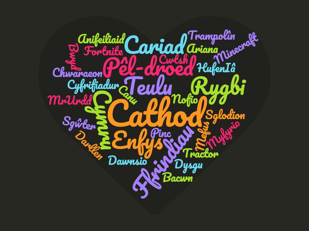 Cwmwl geiriau i wahanol eiriau sydd yn gwneud pobl ifanc cymru yn hapus. Esiamplau yw myfyrio, chwaer, enfys, pen-blwydd, Doctor Who ayb