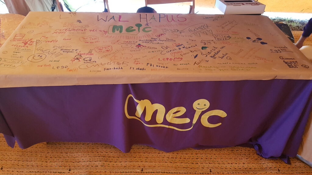 Paper filled with words and doodles of things that make the young people happy on the 2nd day we were at the Urdd Eisteddfod