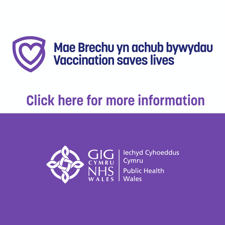 A notice by Public Health Wales saying 'Vaccination saves lives, click here for more information'
