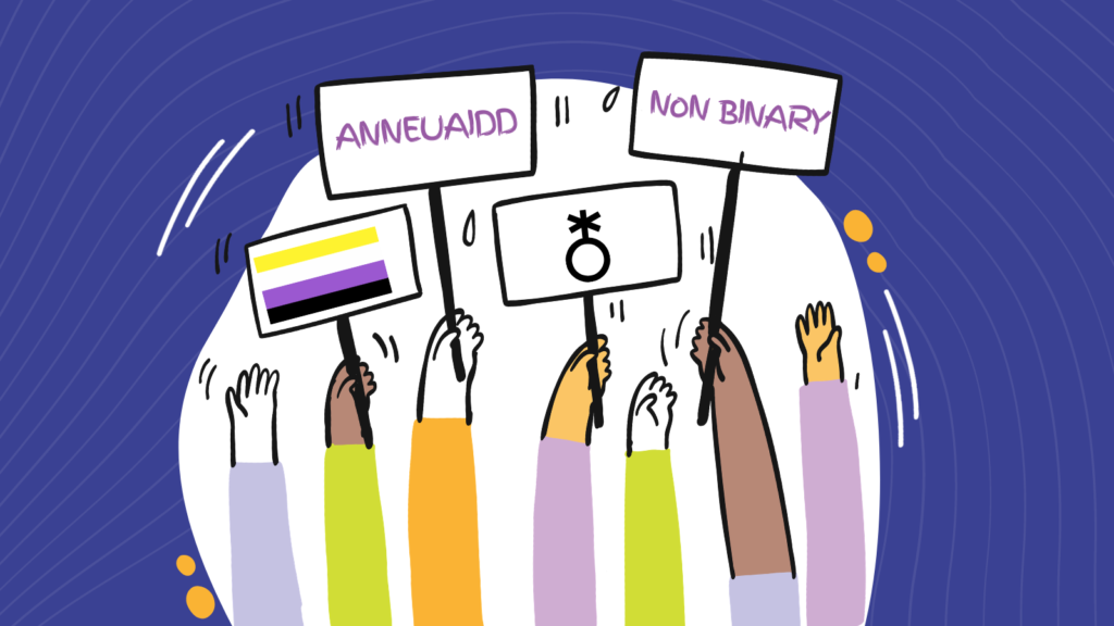 7 arms holding up non binary banners