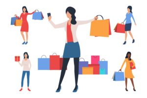 Collection of young women with shopping bags. Flat cartoon characters showing purchases. Can be used for advertisement, poster, placard