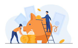 Saving money financial concept. Cartoon people inserting cash into piggy bank, getting and investing income. Vector illustration for fund, investment, deposit topics