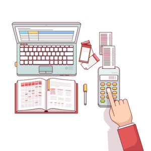 Business man planning, calculating and scheduling his expenses or taxes with his spreadsheets on laptop computer and notepad. Flat style thin line vector illustration isolated on white background.