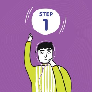 Cartoon image of male Meic adviser against a purple background with Step 1 written in a white circle above the head