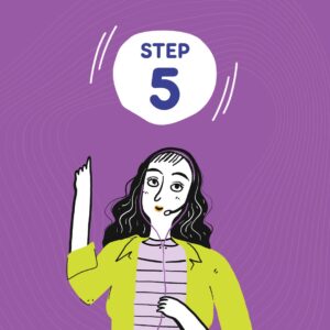 Cartoon image of male Meic adviser against a purple background with Step 5 written in a white circle above the head