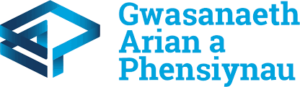 Logo Gwasanaeth Arian a Phensiynau, siapiau sgwâr a'r enw mewn glas