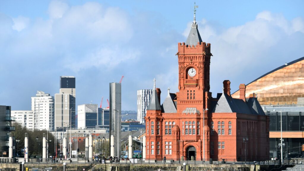 Landscape of Cardiff Bay Skyline with views or the Pierhead Building, the Senedd and Wales Millennium Centre