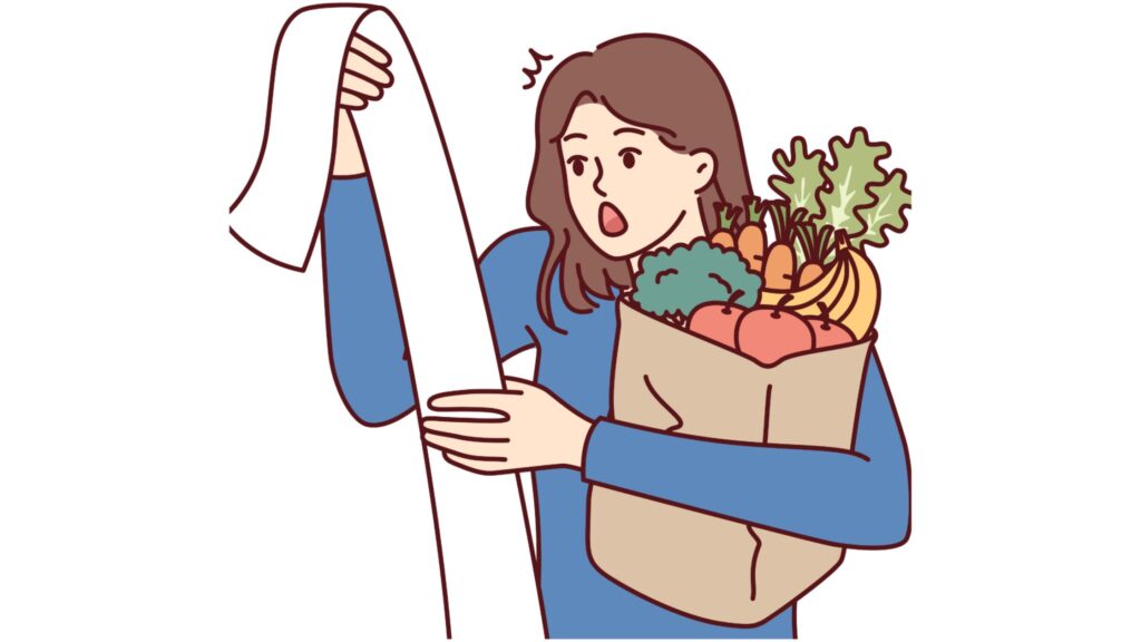 Cartoon of young woman looking at a receipt and being shocked at the total cost. She is also holding a bag of groceries.