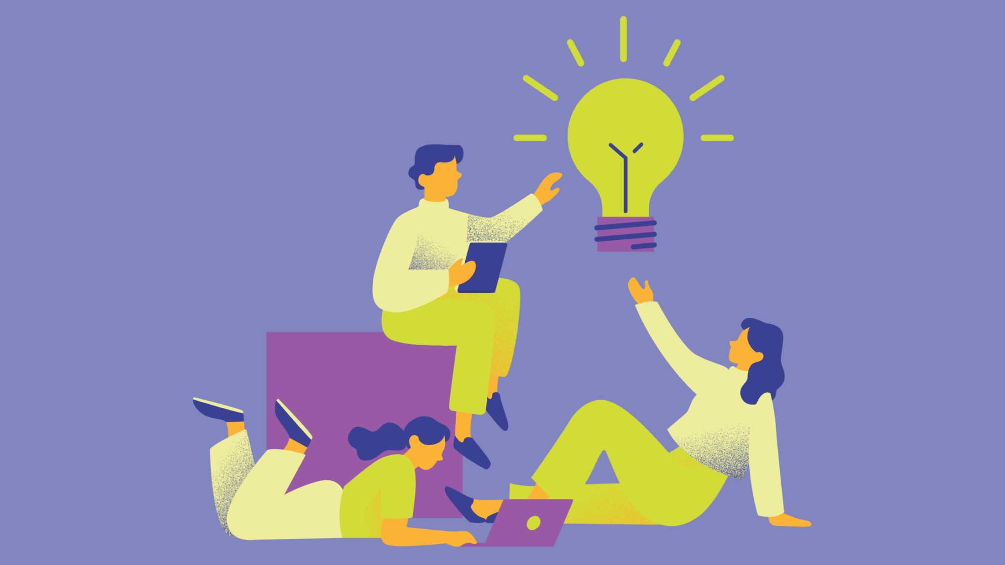 Three people sharing ideas with a lightbulb above them