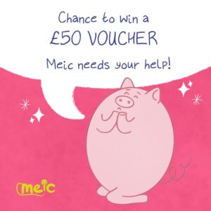 Picture of the Meic character with the words 'Chance to win a £50 voucher'