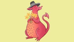 Cartoon of a Welsh dragon in traditional Welsh dress