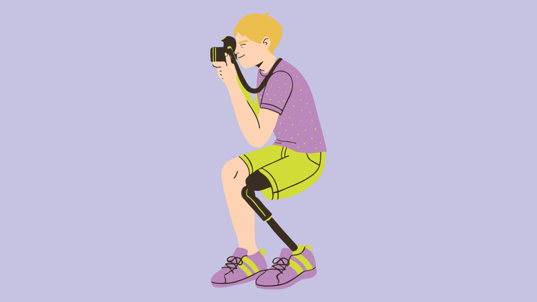 A young boy with a prosthetic leg taking a photograph