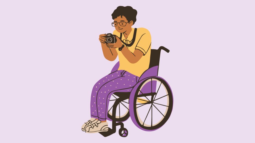 Illustration of a teenage boy with dark hair in a wheelchair. He is taking photos with a camera. 