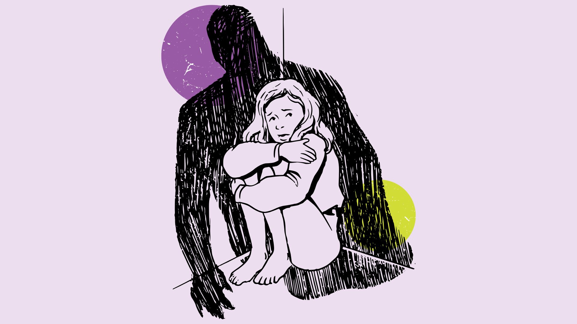 A young girl crouched in a corner with a figure shadowing over her