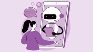 Woman holding a smartphone with a picture of a robot on the screen