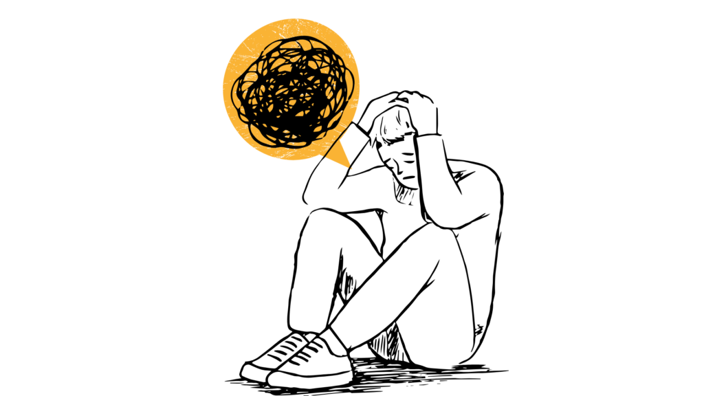 Illustration of a boy sitting down, looking sad and thinking