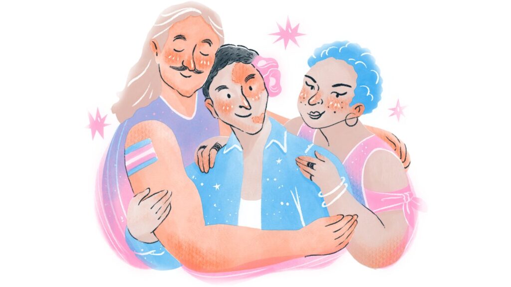 Three people hugging with trans tattoo