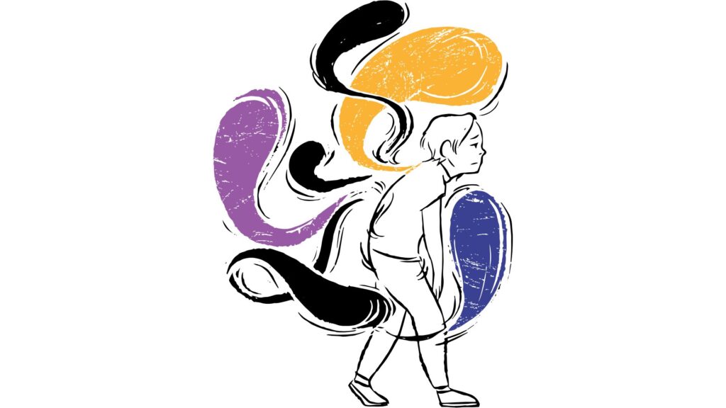 Illustration of a boy walking slumped over, he is exuding worry