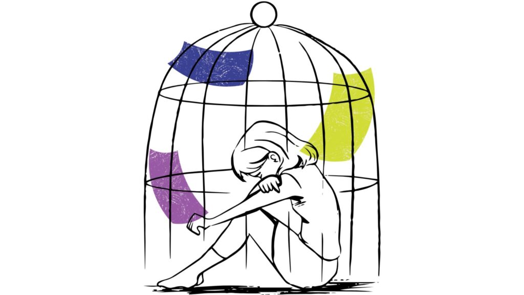 Illustration of a young girl sitting down trapped in a cage