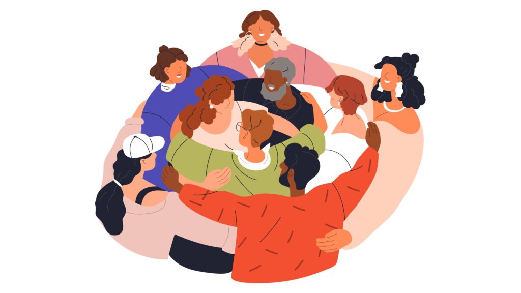 Illustration, A circle of people surrounding another circle of people all with their arms over the shoulders of the people to their sides