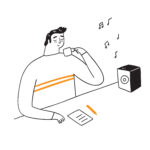 Vector illustration in doodle style - boy sat at desk, paper and pencil in front, holding cuppa, listening to music - for Tackling Guilt for Taking Breaks During Revision blog