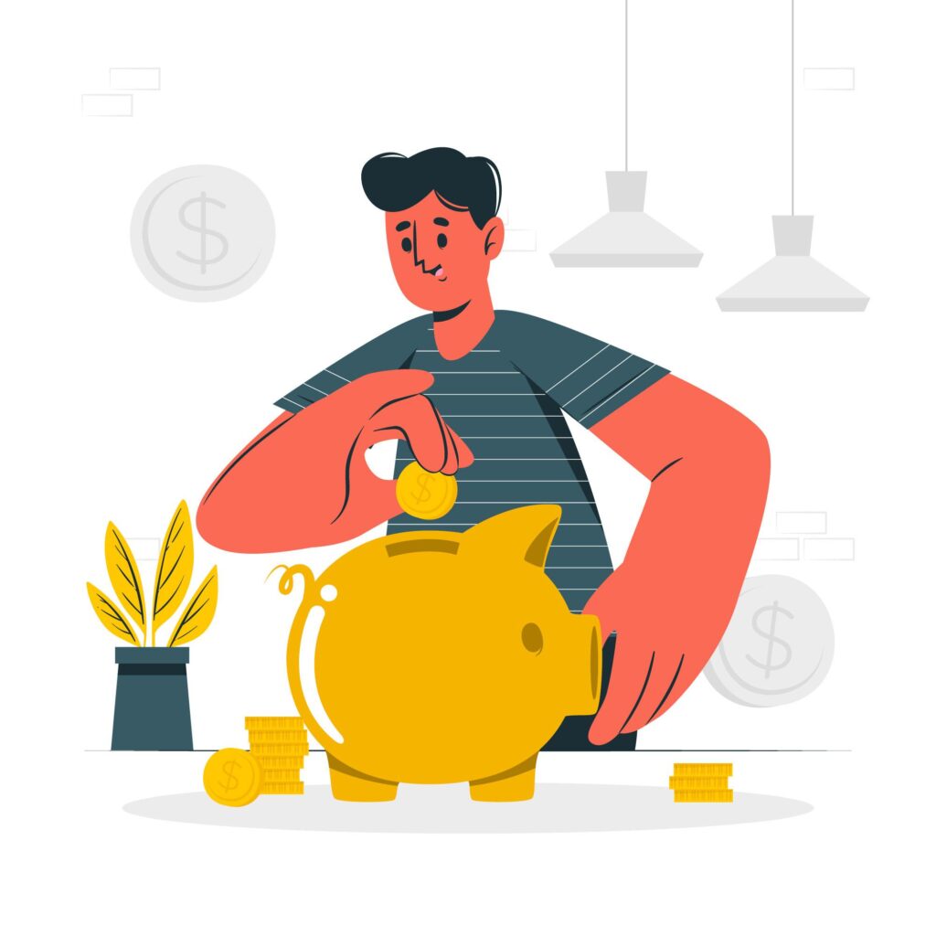 Cartoon image of a boy putting money into a piggy bank