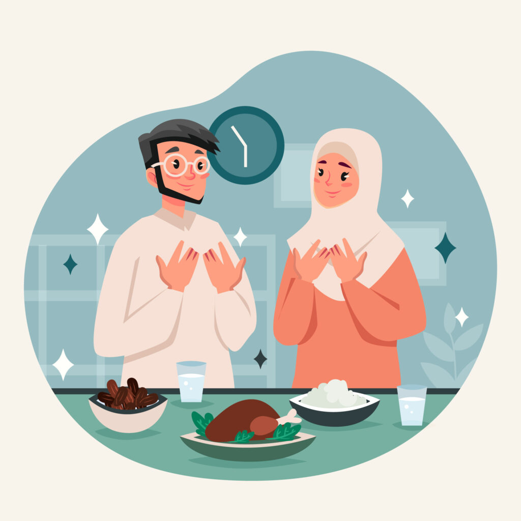 Two muslim people breaking fast during Ramadan