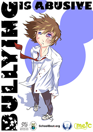 Anti bullying poster. Cartoon person with black eye, messy shirt with blood on it. Words say Bullying is abusive
