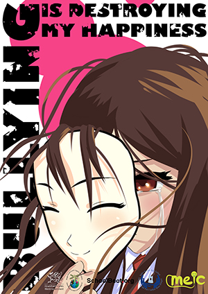 Anti bullying poster. Cartoon girl taking a happy mask off her face which is really crying. Words say Bullying is destroying my happiness