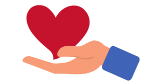 cartoon image of a hand reaching out, with the palm up. In the hand is a red heart. 