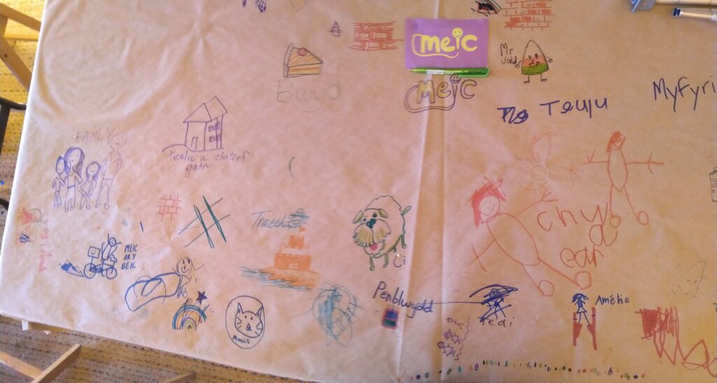 Paper filled with words and doodles of things that make the young people happy on the 3rd day we were at the Urdd Eisteddfod