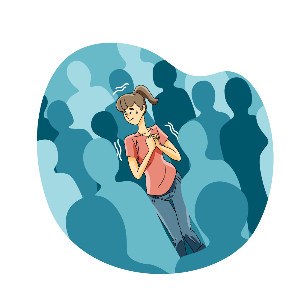 Girl in middle of crowd shaking and sweating for Are People Looking At Me? blog.