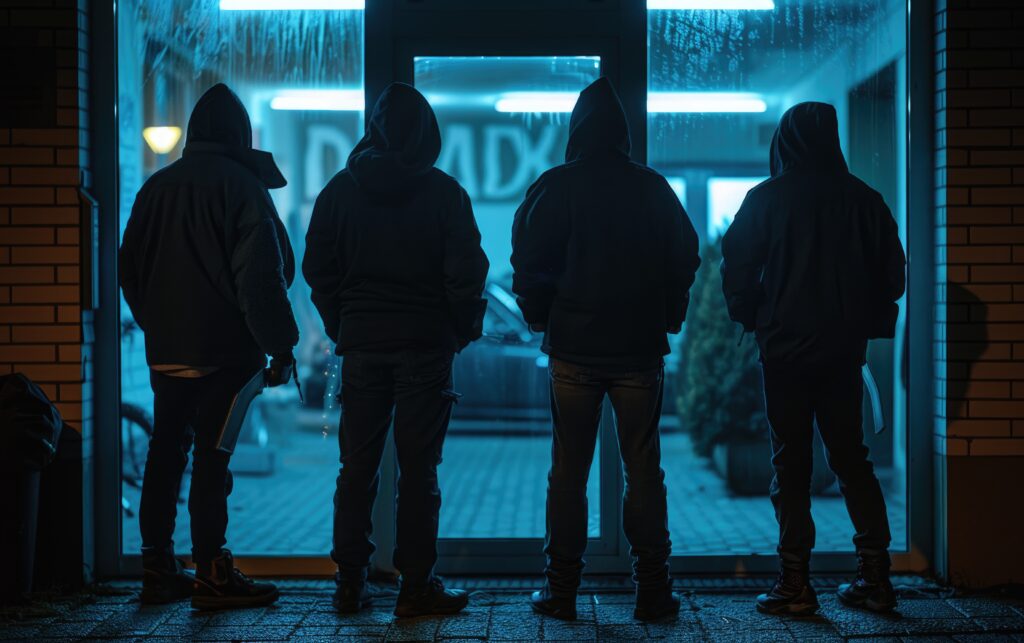 Four people standing in a dark doorway, wearing dark clothes with their hoods up