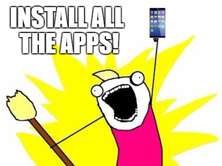 Crazy looking rough cartoon holding up a mobile phone with the words install all the apps in all caps.