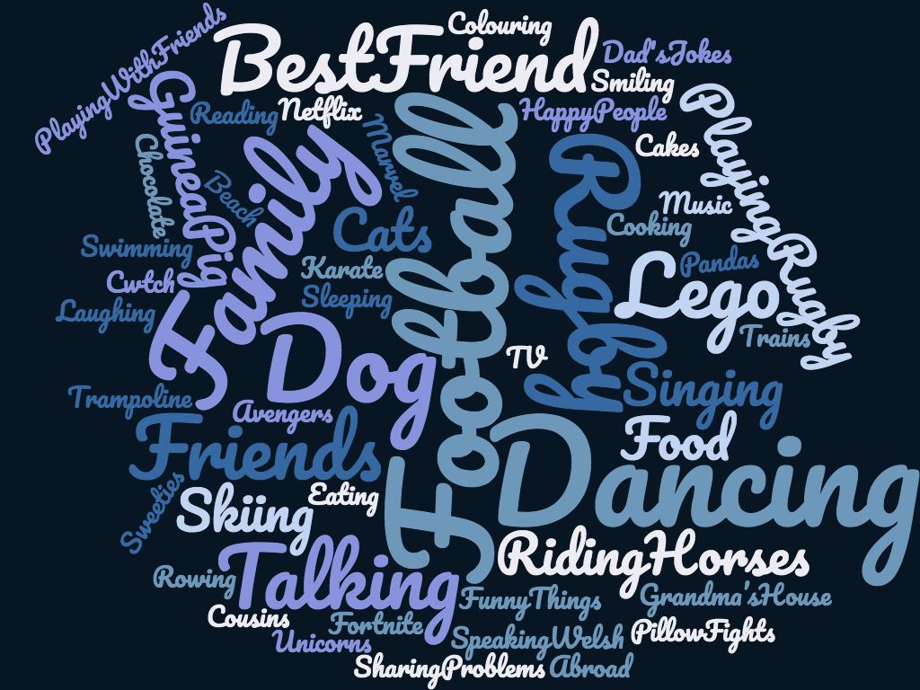 A wordcloud of different words that make the young people of Wales happy. Examples are best firend, family, dog, dancing, riding horses, netflix etc