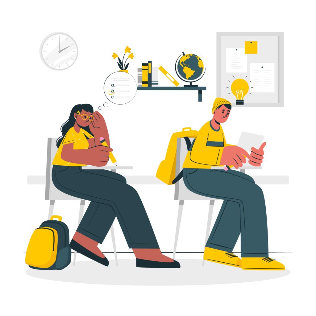 Dau berson ifanc yn eistedd arholiad