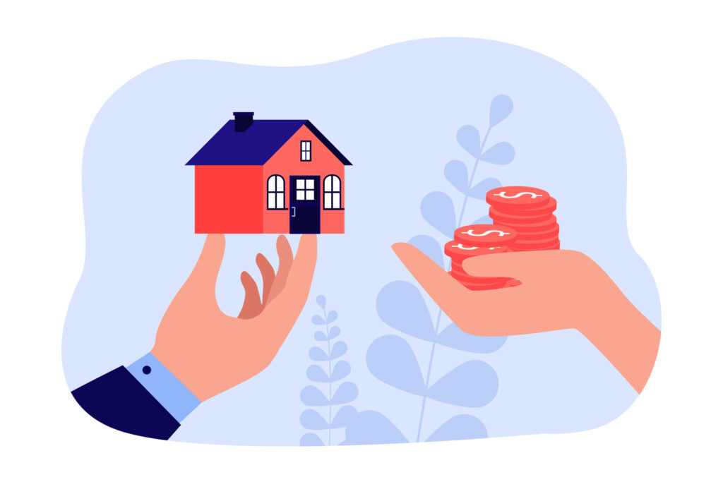 An illustration showing someone exchanging money for a house