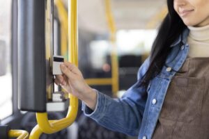 Close up of a woman scanning her travel pass