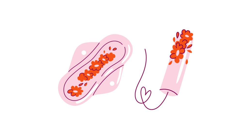 Illustration of pink tampon and pad with with period blood represented by red flowers