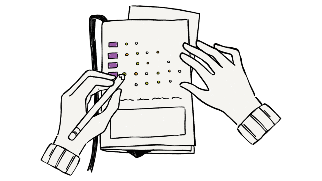 Person filling in a diary plan with a pencil