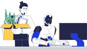 Human packing up desk as AI Robot works instead.