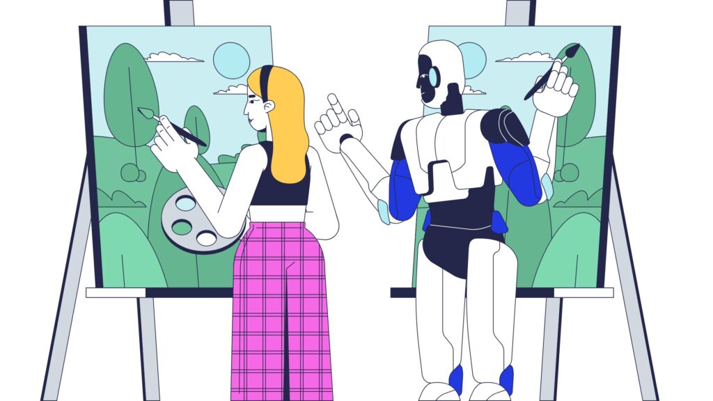 Human and AI robot painting together
