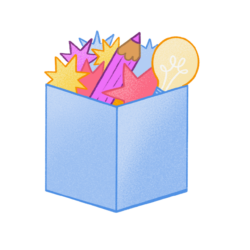 box with pencils, stars, and a lightbulb